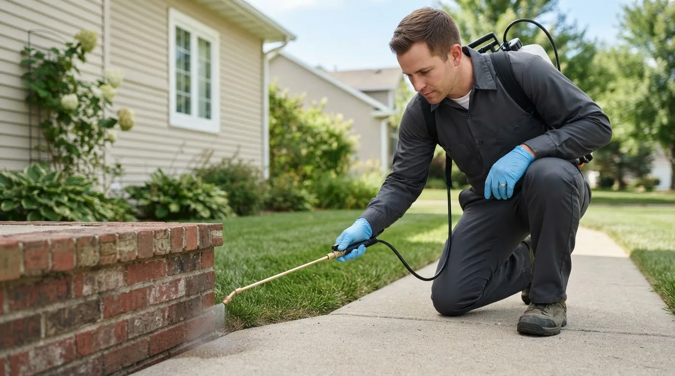 Pest control technician treating a home near Mount Erie, IL